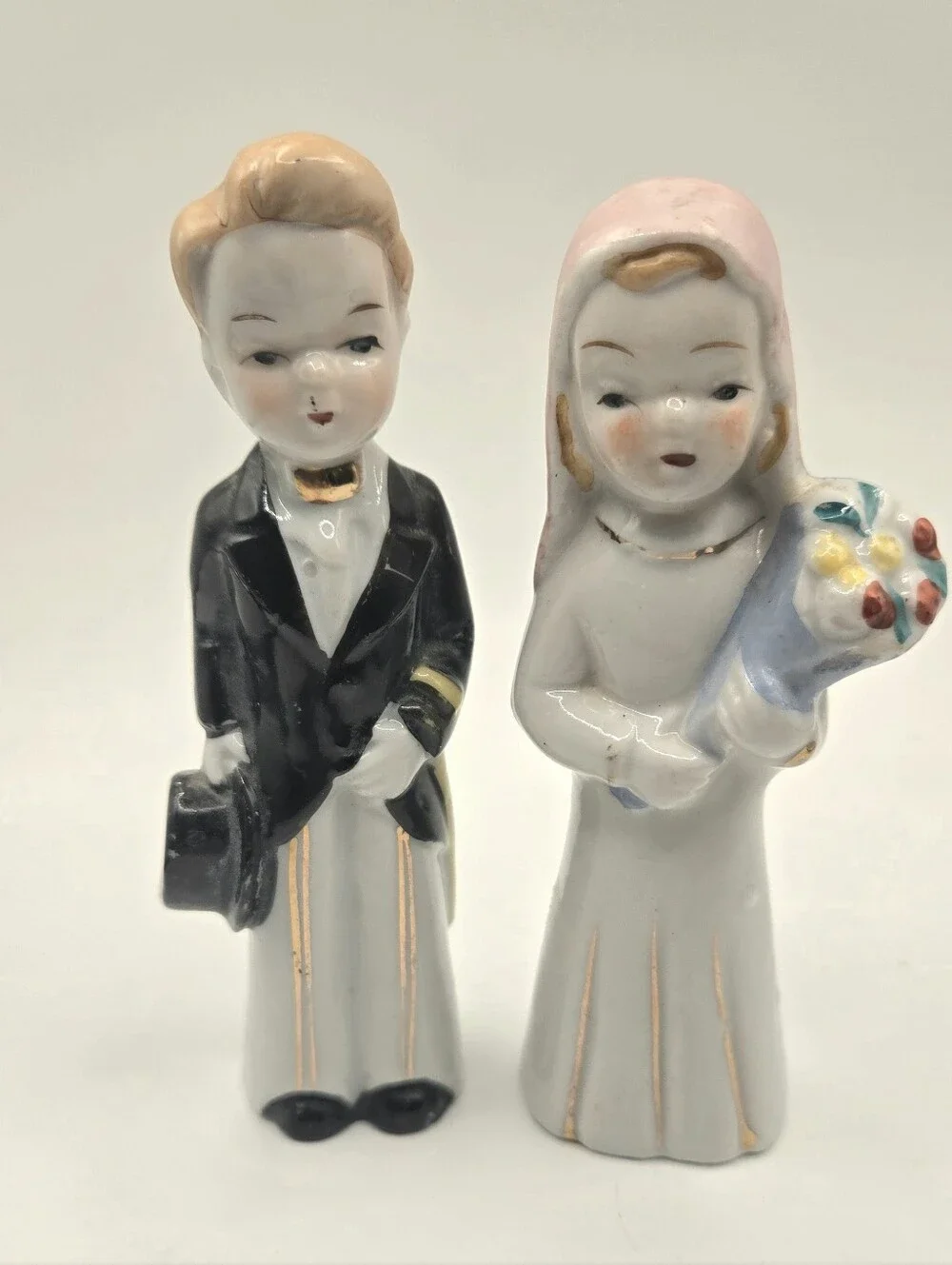 Vintage Porcelain Pair Wedding Cake Topper  Bride Groom Gold Accents 1950s Japan